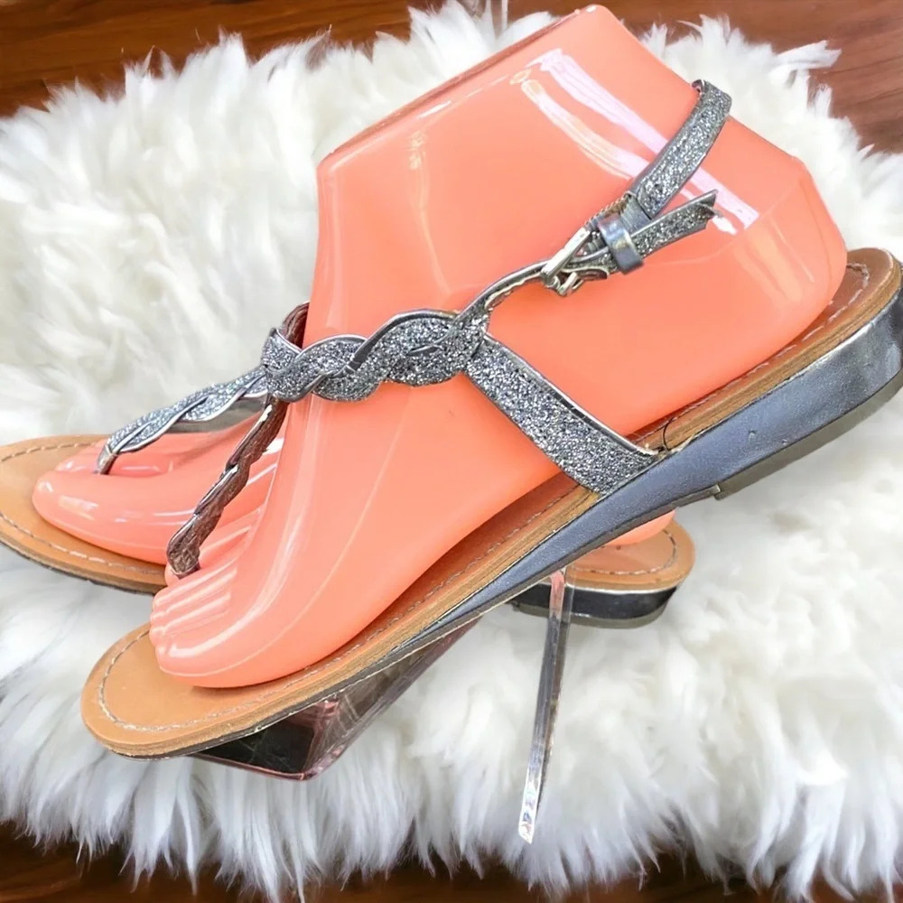 Womens Thong Sandals Silver Braided Strap Ankle Buckle Comfort Casual - Picture 2 of 12